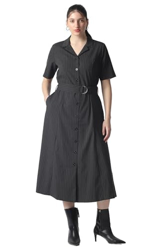 Women Black Stripe Calf-Length Formal Dress