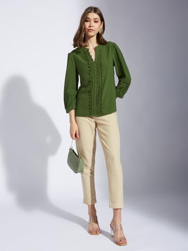 Latin Quarters Women Greenolive V-Neck 3/4th Sleeve Solid Tunic Blouse_M