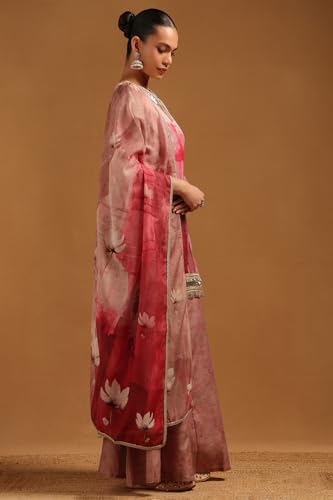 Soch Womens Pink Linen Floral Suit Set With Zari Embroidery and Gotta Patti Details