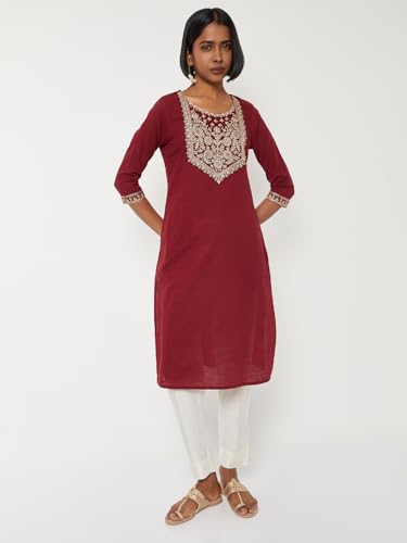 Max Women Yoke Embroidered Straight Kurta (Maroon_S)