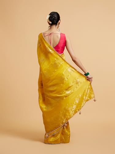MOHEY Women's Mustard Satin Hand Embroidered|Cutdana|Stone Work Saree (Mustard)