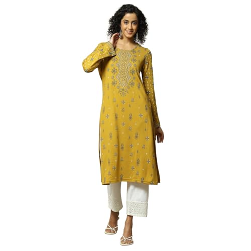 Rangriti Women's Acrylic Printed Regular Kurtas (WNTRWR18869AW23YEL_Yellow