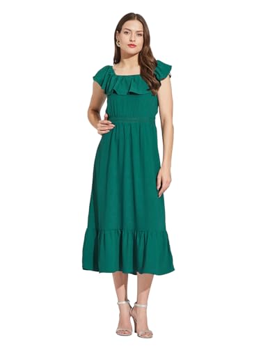 Latin Quarters Women Green Square Neck Cap Sleeves Solid Below Knee A-Line Dress for Casual Wear_M