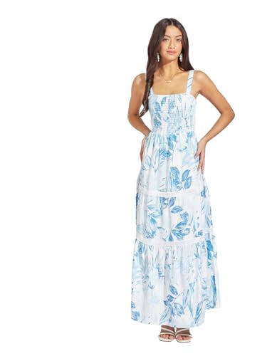 Latin Quarters Women Blue Floral Printed Maxi A-Line Dress | Square Neck | Sleeveless | Zip Closure