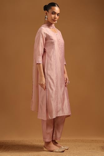 Soch Womens Blush Pink Chanderi Embroidered Suit Set With Machine Embroidery
