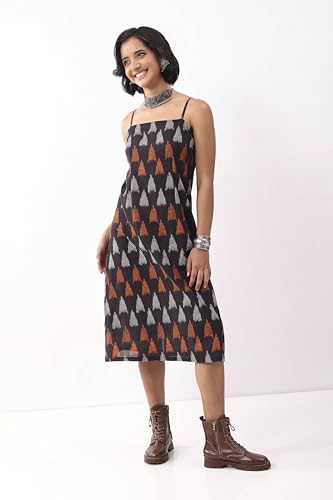 Biba Nxt Women Black Cotton Abstract Printed Strappy Midi Dress_32