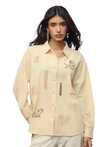 The Souled Store Lion King: Elements Women and Girls Full Sleeves Spread Collar Embroidered Cotton Oversized Fit Lightweight Comfortable All-Season Boyfriend Shirt for Casual Streetwear