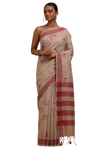 Soch Womens Beige Chanderi Warli Print Saree With Thread Work