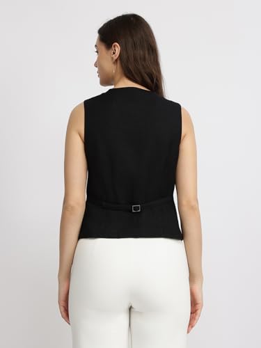 FableStreet Women Formal Waistcoat | Relaxed Fit V-Neck Sleeveless Checked Pattern | Breathable Cotton & Smooth Polyester Lining for Office Meetings & Workwear | Black