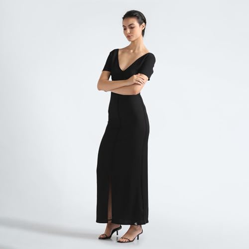 Calvin Klein Polyester Black Solid V Neck Short Sleeves Women Crinkle Maxi Dress (XS)