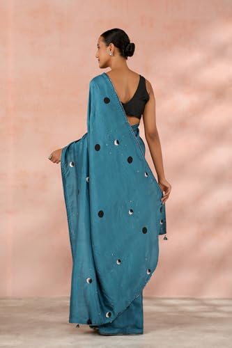 Taneira Women Blue Contemporary Pure Silk Block Print Saree with Unstitched Blouse Piece (SHH08D00032-Blue)