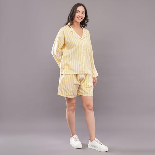 Women's Yellow Striped Lounge Co-ord Set | Full Sleeve Collared Button-Down Shirt with Shorts | Comfortable Casual Nightwear, Loungewear & Sleepwear Set for Women (in, Alpha, S, Regular)