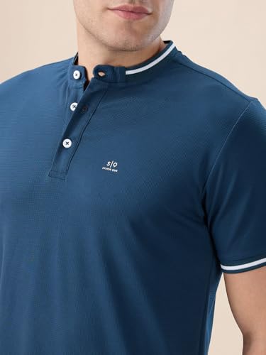 Status Quo Men's Solid Henley Neck Half Sleeves Regular Fit T-Shirt with Tipping Details | 67% Rayon 24% Nylon 9% Lycra | DK.Teal | 3XL