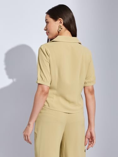 Latin Quarters Women Beige Collared Half Sleeves Solid Top Blouse for Casual Wear_S