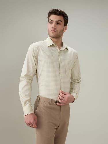 Raymond Men Contemporary Fit Checks Pattern Pure Cotton Semi Cutaway Collar Full Sleeve Formal Shirt Fawn