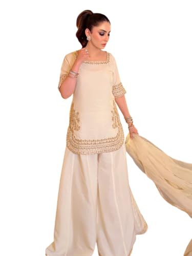 Women's Off White Chinon Embroidered Kurti Set With Palazzo And Dupatta
