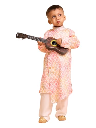 Manyavar Boys Satin Printed Kurta Pyjama Set (Peach,8-10Y)