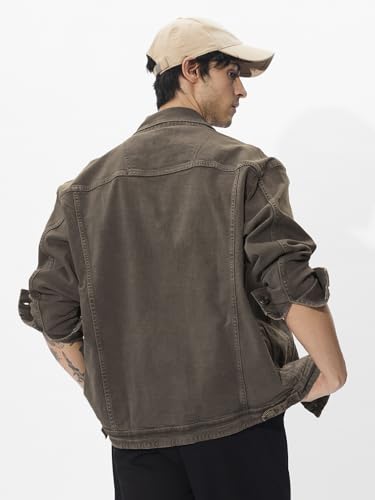 The Souled Store Stone Olive Men and Boys Long Sleeves Collared Neck Button Front Cotton Oversized Denim Jackets