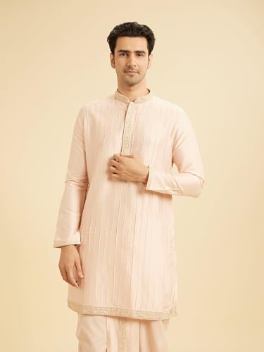 Manyavar Men's Viscose Blend Self Design Kurta Dhoti Set (Peach,XXXL)
