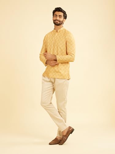 Manyavar Men's Cotton Blend Geometric Printed Short Kurta (Mustard,L)