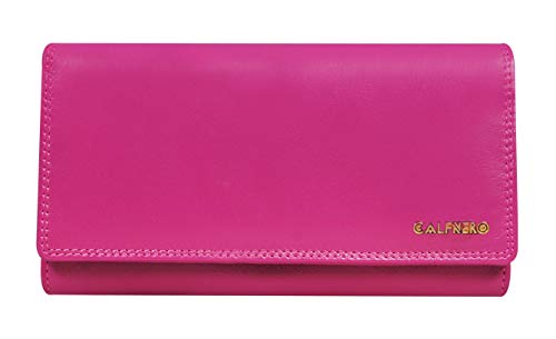 Calfnero Women's Genuine Leather Wallet-Long Purse Wallet with Multiple Card Slots, Zip Pocket and Note Compartment (Pink)
