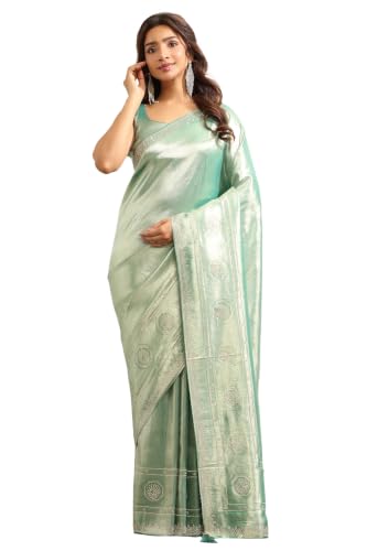 Soch Womens Teal Tissue Ethnic Motifs Woven Design Saree With Stone Work