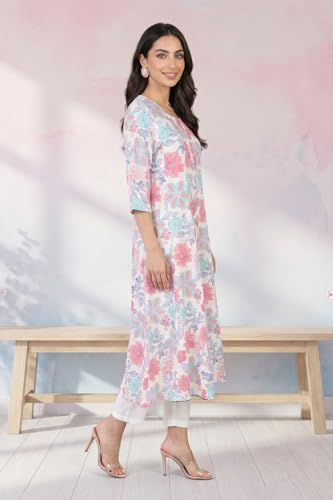 W for Woman White Floral Printed Pure Cotton Flared Kurta with Trousers Set - (WS14520K-128160-XS)