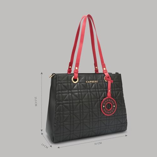 Caprese Aimee Large Quilted Faux Leather Satchel Bag for Women | Dual Closure, Multi-Compartment Shoulder & Crossbody Handbag with Detachable Strap | Perfect for Work, Travel & Shopping (Black)