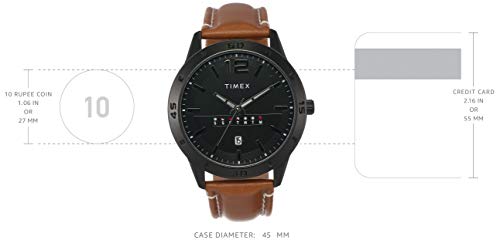 TIMEX Analog Watch for man with Black Round Dial & Tan Leather Strap Band Water Resistant Men's Wrist Watches - TW000U934