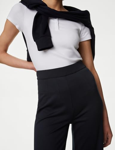 Solid Navy Blue Viscose Womens Wide Leg Jersey Stretch Trousers