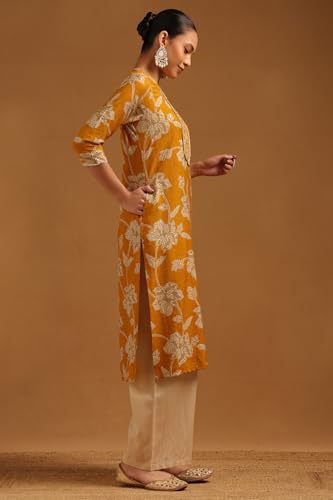 Soch Womens Mustard Chanderi Floral Embroidered Kurta