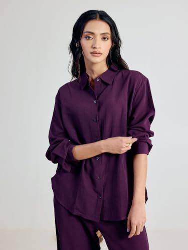 FIORRA Women’s Wine Linen-Blend Loose Relaxed Fit Co-Ord Set SET0215