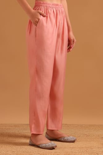 Soch Womens Peach Mul Chanderi Embroidered Botanical Chikankari Embroidery Salwar Suit
