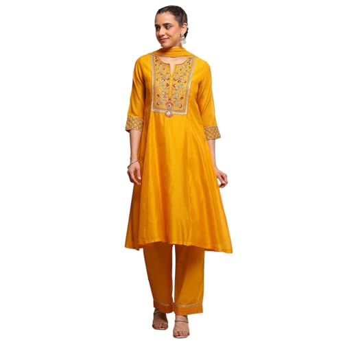 Biba Women Yellow Viscose Rayon A-Line Solid Suit Set_38