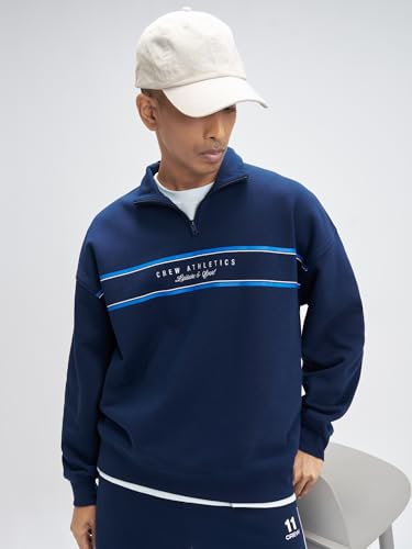 XYXX Crew Men Cotton Blend Zip up Sweatshirt| Long Sleeves with Half Zip Up| Sweatshirt for Men| Solid-Oversized |Blue Nights | XL