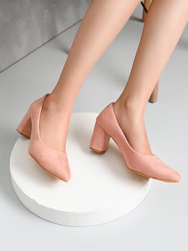 XE Looks Pink Cream Pumps | Chic Suede Finish | Comfortable & Trendy Block Heel For Girls & Womens