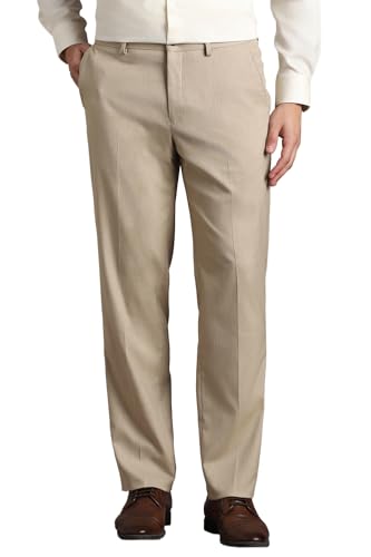 Men Beige Solid Flat Front Formal Trousers