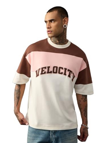 The Souled Store Colourblock T-Shirt: Rocky Road Men and Boys Short Sleeves Round Neck Brown Casual Lightweight Drop Shoulder Streetwear Trendy Super Oversized T-Shirts