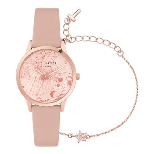 Ted Baker Ladies Pink Leather Strap Watch & Star Bracelet Box Set (Model: BKGFW23019I), Pink, Modern