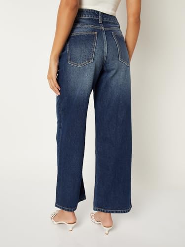 Max Women Washed Wide Leg Jeans(Blue_34)