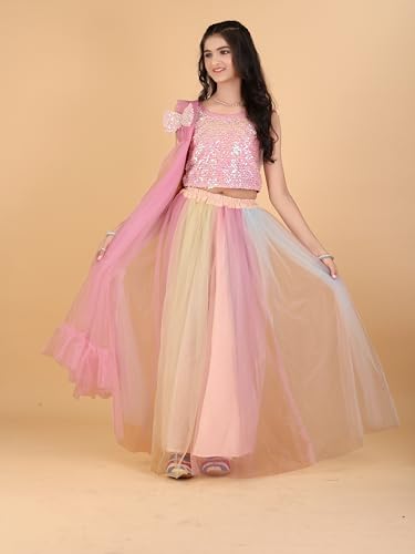 Xavima Manashvi Multi Girls Embroidery Full Stitched Lehenga Choli Set With Dupatta Outfit Blouse Skirt Dress For Kids Function Stage Show School Program Ceremony Appearance_6-7 Years