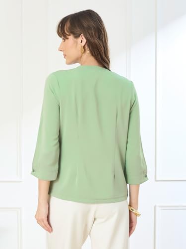 Latin Quarters Women's Green 3/4th Sleeves V-Neck Casual Solid Top_XL
