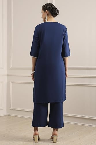 Biba Women Blue Cotton Straight Dyed Suit Set_40