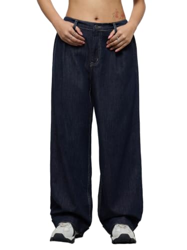The Souled Store Barrel-Fit Denim: Indigo Blue Women Girls Elastic Back Waistband Solid Cotton Denim Wide Leg Relaxed Fit Lightweight Everyday Comfortable Jeans