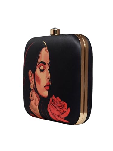 Artklim Black Based Lady With Rose Printed Clutch