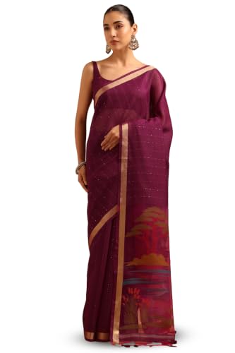 Soch Womens Wine Organza Woven Design Saree With Sequin