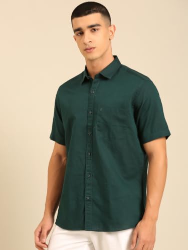 Cavallo by Linen Club Men's Half Sleeve Solid Regular fit Linen-Cotton Casual Shirt Dark Green