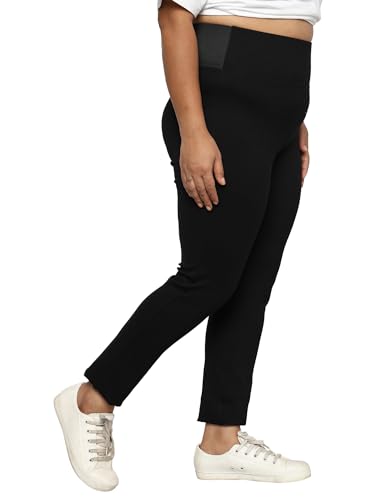 HAPPENING Plus Size Women Stretchable Trousers Broad Band Waist with Smart Tummy Tucker - HIGH Rise - Skinny Fit Pull Up (NO Zip) - Black Color - Waist Size 28 to 44 inches (44)
