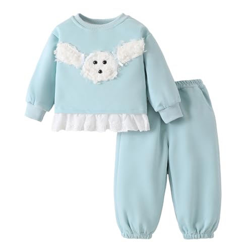 Hopscotch Girls Full Sleeves Blue 2-Pc Puppy Applique Schiffli Jogger Set For Age (5-6 Years)