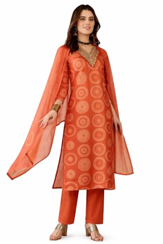 VARNI FABRIC Rayon Kurta Set for Women | Full Sleeves Embroidered Straight Kurta Set | Woman Salwar Suit with Pant & Dupatta | Festive Wedding Ethnic Wear | Prefect for Office Summer | Orange | M